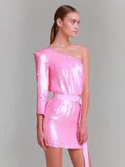 MELODY Pink Hand beaded one shoulder sequin dress