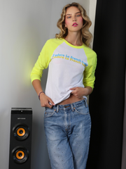 J'adore Le French Toast 3/4 Sleeve Tee  - White and Neon Yellow