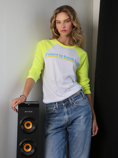 J'adore Le French Toast 3/4 Sleeve Tee  - White and Neon Yellow