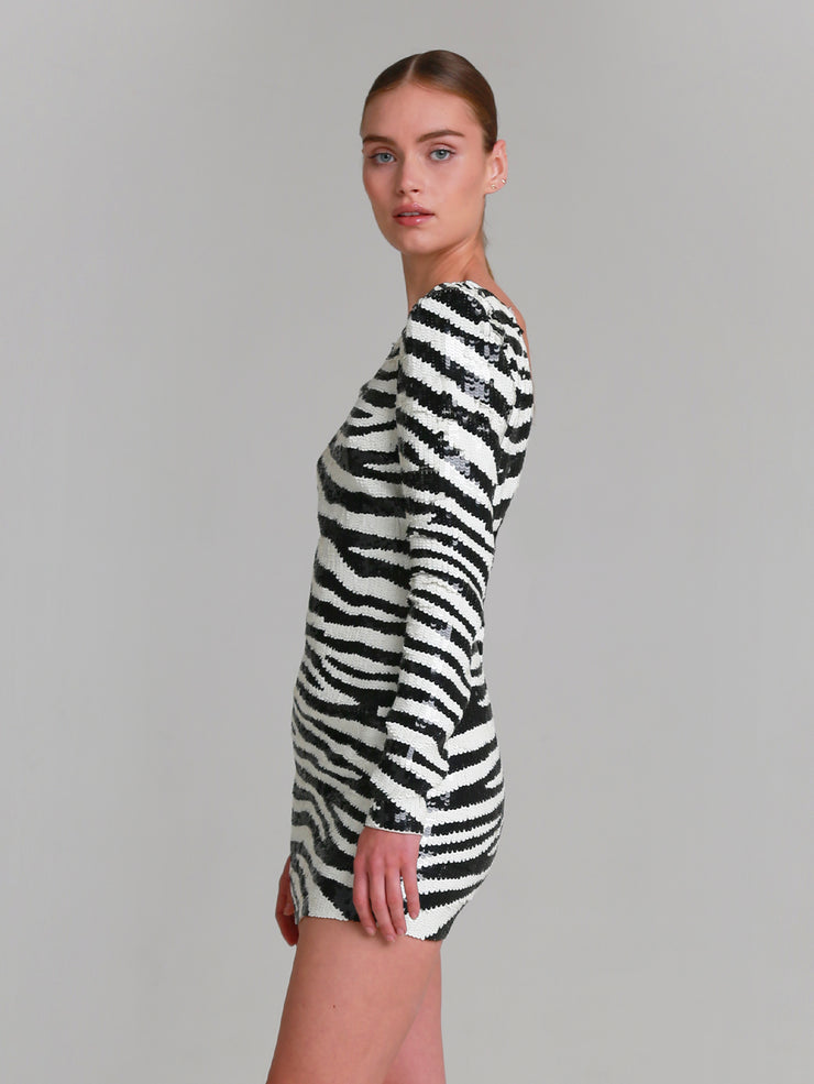 ELEANOR Hand beaded “zebra” v-back mini dress