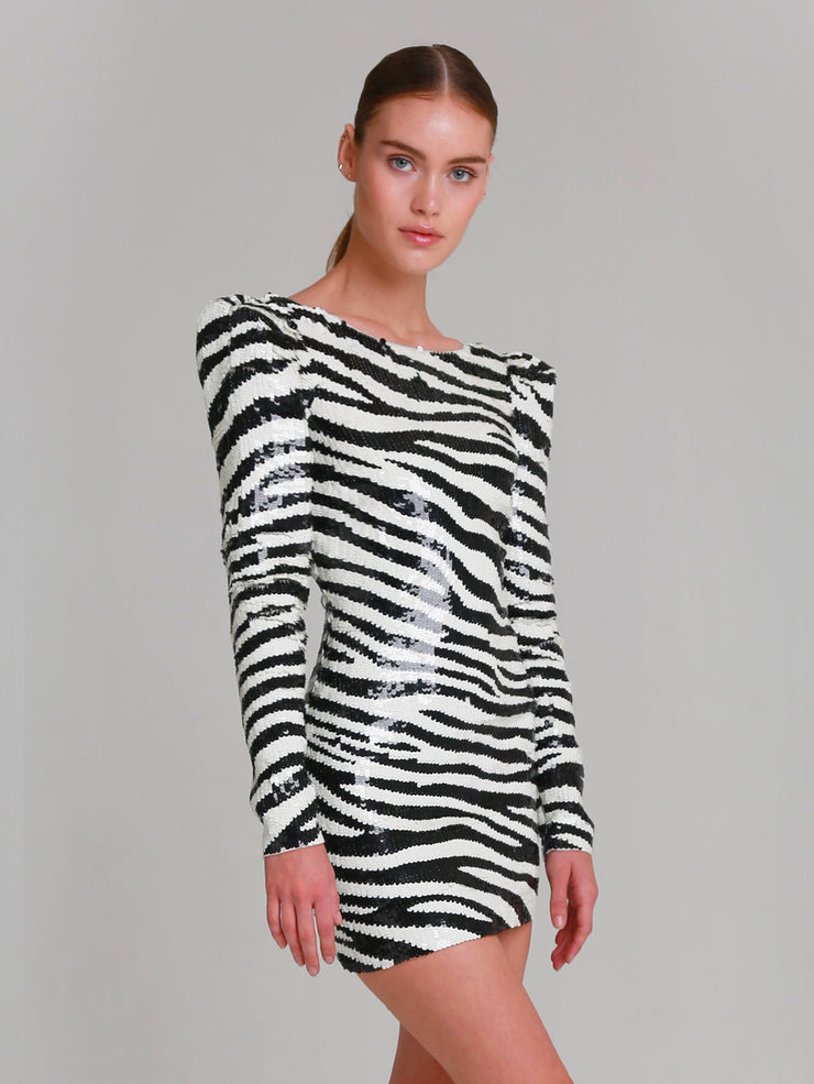 ELEANOR Hand beaded “zebra” v-back mini dress