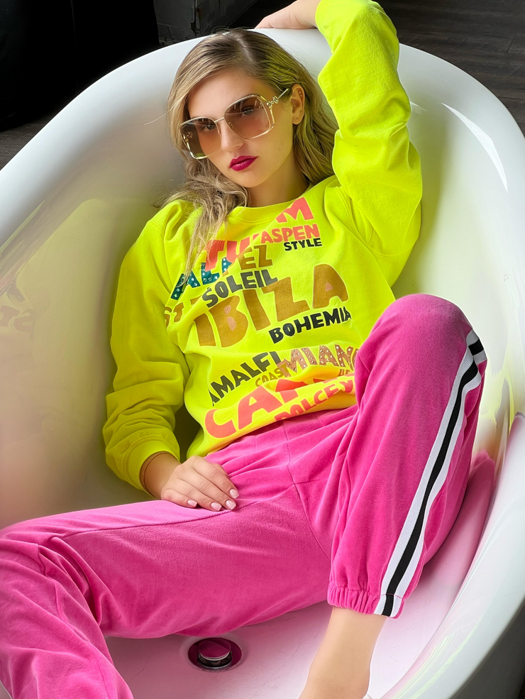Global Jet Setter Boyfriend Sweatshirt - Neon Yellow