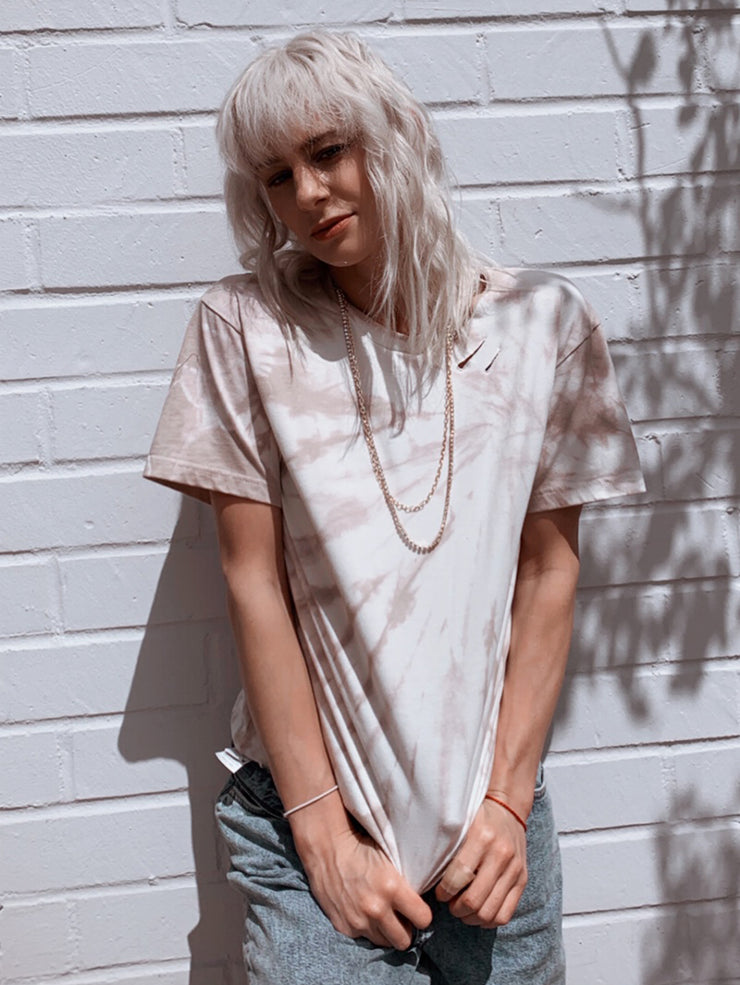 JULIA Hand tie dyed and distressed cotton tee shirt in tan