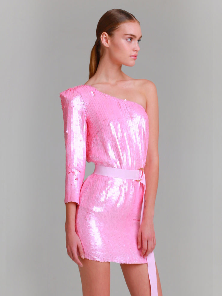 MELODY Pink Hand beaded one shoulder sequin dress